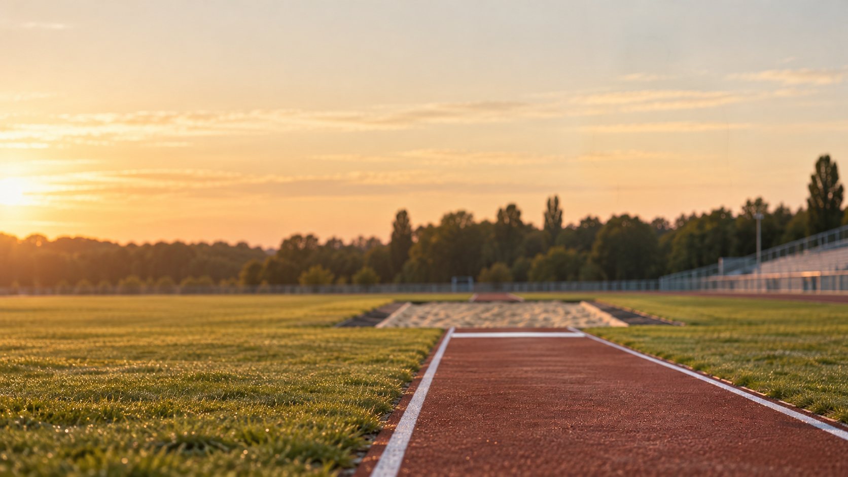 An empty long jump runway at sunset, leading to the take-off board and the sand pit
