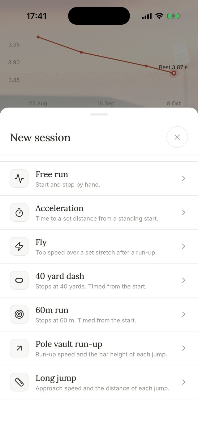 The New session screen with the seven tests